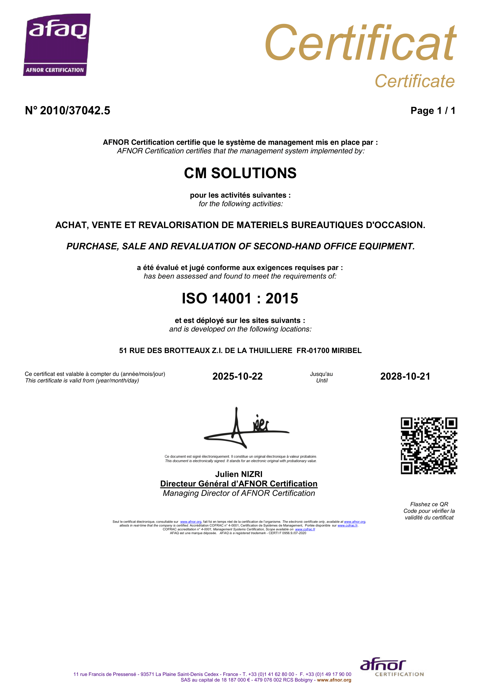 certificate ISO  14001 CM Solutions